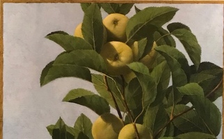 <strong>Apples, leaves</strong> <span class="dims">24x20”</span> oil on linen
